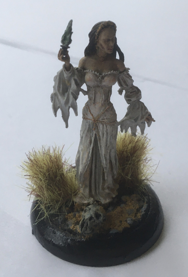 The Sleep-Walking Duchess - with a pallid complexion, what is causing this noble lady to venture outside when there are so many dangers? Is something or someone calling her in her dreams? ??? Layers of white washes over flesh paint used to capture a fitted nightdress. 