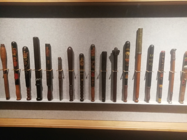 Looking at painting some police I had a look at some Victorian truncheons which were often decorated. I hint at this in my painting. These are on display at the museum I work at so most things crime related I have a good source 