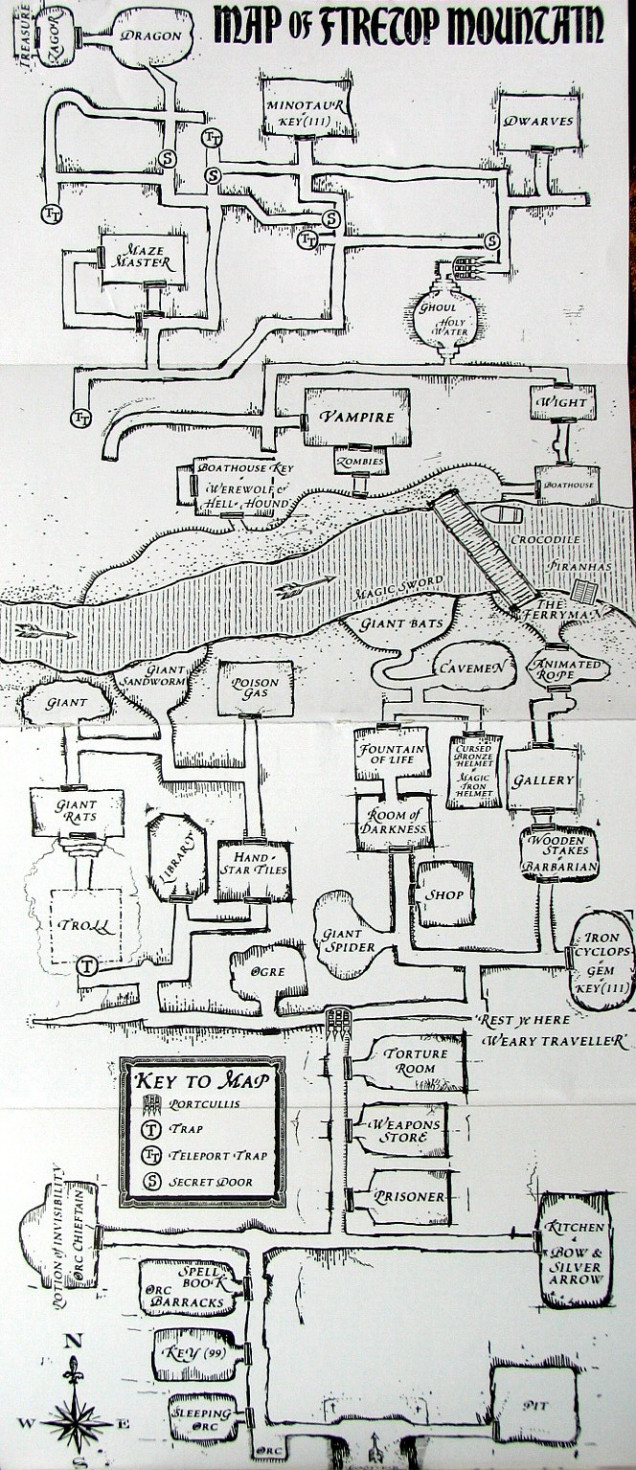 The route through the mountain will lead us to the Warlock but on the way we need to collect the three keys to unlock his chest. We arent told this, we have to figure this out on the way. It's always a pain to get right to the end of one of these books just to find out you missed oone object that you needed to win. The worse section of the map is when you hit the maze which Steve Jackson put in and I remember tossing the book away in frustration as I came across the same gambling dwarfs about four times.