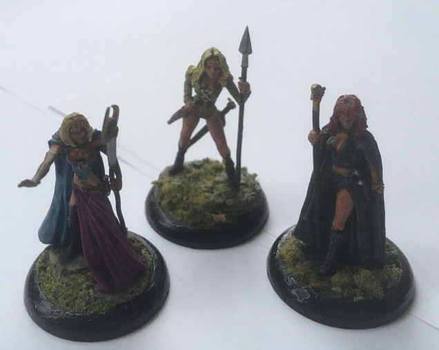 Out in the wilds, three mysterious ladies come a wandering, each with a mission for the adventurers. Will they take up the offer from the priestess, the red-headed sorceress or the young, blonde hunter? Models chosen: Dark Sword Miniatures SKU  DSM7436 Female Mage sculpted by Jeff Grace; Dark Sword Miniatures SKU  DSM1168 Evil Female Mage sculpted by Patrick Keith; Dark Sword Miniatures SKU DSM7301 Female Beast Master with Spear sculpted by Dave Summers. I’ve used 30mm lipped bases filled with green stuff and flock to incorporate the integral bases. Again, a grim-dark but simple palate has been used to bring these three to life. 