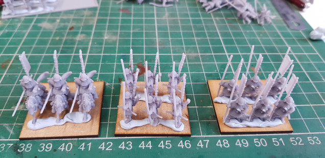 Trying out how I want to do the basing. It's a balance of a massed look, unit footprint and quantity of painting. I have settled on 40x40mm bases with 6 infantry or 3 cavalry per base. The final kickstarter will include plenty of poses to mix up the units and add commanders, etc.