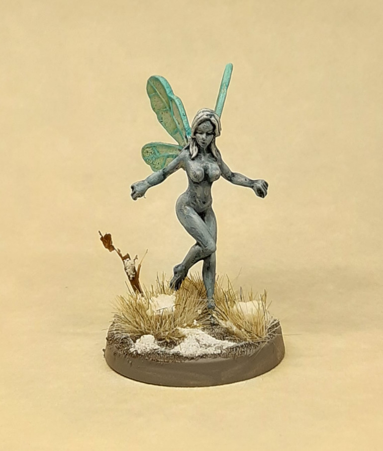 A pixie for the bestiary. Model by Otherworld Miniatures. Really quickly done, colours chosen to be a bit wintery, and to be a lot lighter than the jaegers I had been painting!
