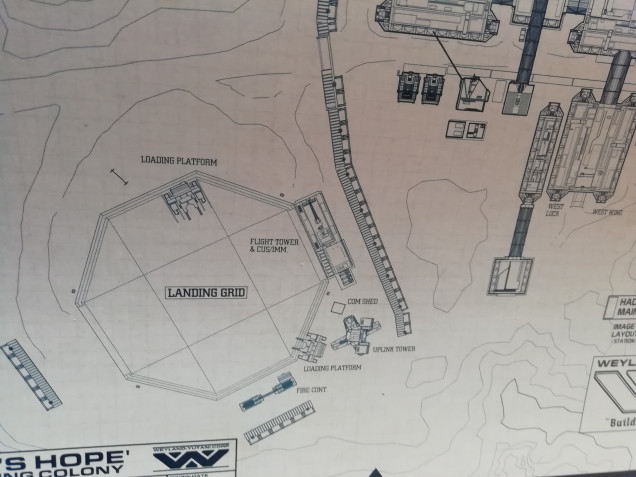 The landing grid is at the north end of the colony complex but I'm not doing the whole thing and if I did I could always move the board to that side to represent it 