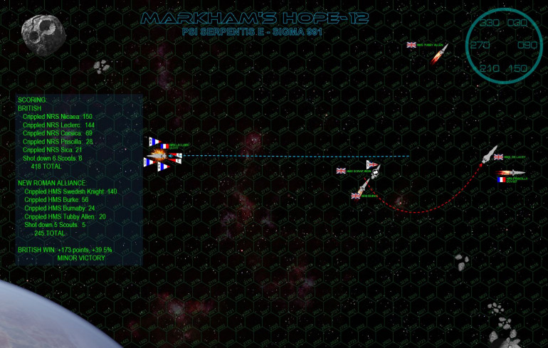 The NRS Leclerc is now badly hammered and venting into space as well, her port bow mauled by the 500-km broadside of HMS De Lacey.  Now alone, deChalemonde knows he has to make a run for it.  Ideally, he’d turn to starboard and escape over the moon’s north pole, but De Lacey’s 10-gigawatt rail guns have just torn one of her maneuvering thrusters out of Leclerc’s hull.  This leaves deChalemonde with only one option … all ahead flank and simply race forward.  The Leclerc is a very fast cruiser, and he ALMOST gets away with it, especially after Scrap Iron reverse-thrusts to a dead standstill in space and De Lacey is caught flatfooted after turning the other way.  It’s not enough though.  At a range of 3800 kilometers, DeLacey’s broadside is enough to cripple Leclerc’s engines and leave her crippled and adrift.    