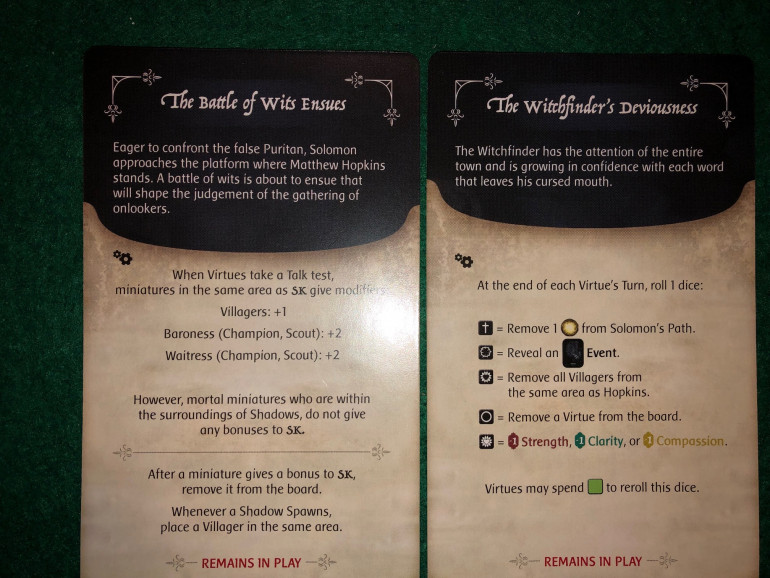 These two cards will influence the outcome. This is a combination of story and scene in that Kane needs to talk to Hopkins, but will be aided by villagers in the same space. These will move towards him each turn. However, the random variable on the other card might start to remove Light tokens. Not sure how this will go