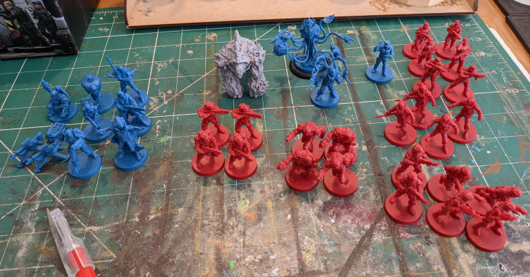 The blue minis on the left are the heroes and not part of Mazon labs.  I'll be doing them last.