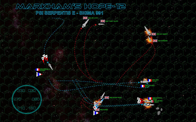 By this point in the engagement, many ships on both sides have absorbed tremendous punishment but so far all remain operational.  However, as ranges continue to close and captains vie for gunnery positions … and FURTHER torpedo strikes hiss toward their targets … this all changes with horrific speed.  “Aquila” fighters launch a daring strafing attack on the ravaged stern of the HMS Burke, which she survives, putting a broadside into the stern of the French destroyer NRS Corsica, who’s 8 megakelvin lasers have just sliced through the reactors of the frigate HMS Burnaby.  French torpedoes (Dassault-Rafale 