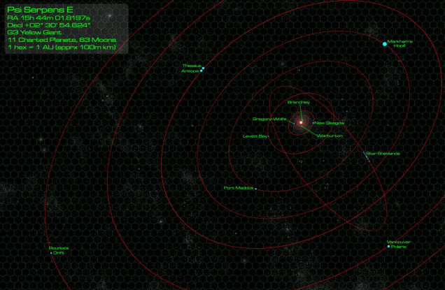 Elessar2590 wanted to play his British task force.  For an opposing force, I decided there was no better foe for a classic Napoleonic-themed British fleet than the French.  So I brought in a mixed “New Roman” force of my French, bulked out by an “NPC” Italian heavy cruiser of the Tiberius class.  The last time the British and New Romans (a coalition of Italian, French, Spanish, Swiss, and other powers) really went to the mat in 400+ point games was in the Psi Serpentis War, so I decided to set this one-off game during that period.  The setting was thus chosen as the “Markham’s Hope” colonies in Psi Serpens E (New Glasgow) star system, with a Franco-Italian raid on this huge British gas giant – more specifically, on the colonies built on one of the planet’s Galilean moons (Markham 12).