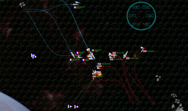 The Swedish Knight starts a turn to starboard, clearly trying to get the Romans in her powerful broadside of 10-gigawatt railguns.  The Italian flagship, NRS Nicaea, sees the move and accelerates in a hard starboard turn, cutting half-behind the Swedish Knight.  Both heavy cruisers have each other in broadside, but the Romans will be hitting the Swedish Knight’s port QUARTER (engines and reactors), while the British will be hitting Nicaea’s port BOW (less vulnerable systems).  Also, the Franco-Italians are clearly trying to cut behind the British for broadsides and torpedo strikes on British sterns.  The fight quickly devolves into a melee, with the cruiser De Lacey turning directly FOR the Nicaea, the Priscilla’s aerospace group of “Aquila” bombers and Dassault-Rafael “Mirage XII” Fighters joining the torpedo strike of the corvette Sica (Drusus class) against the stern of the Burke.  Mass British torpedoes also strike the Nicaea, but both ships weather the storm (somewhat) thanks to small-caliber mass driver support from nearby friendly warships.