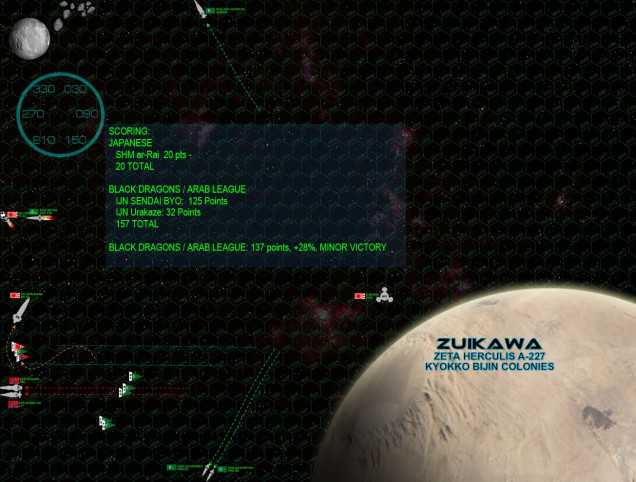 Now alone, the mighty Nobunaga turns to starboard, her broadside hammering the frigate az-Zawraq and practically shearing off the frigate’s bow … but she remains operational as the Arab League ships raise steam for flank speed and scatter out of the battlespace.  This was a raid, after all, with the Sendai Byo crippled the League and the Black Dragons are content to break off the action.  They have the velocity, thrust, and position to do it, and simply accelerate away.  Balancing the forces destroyed or crippled by all sides, the game comes down to a respectable win for the Arab League and Black Dragons.  At the same time, the Nobunaga has fended off the raid and protected the Zuikawa Jima colonies and orbital installation.