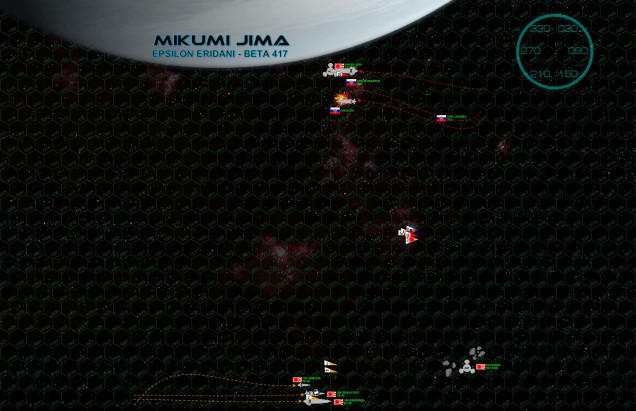 Both sides double down in their tactics, the Russians decelerating further, hoping to coax the Japanese to turn toward them.  The Japanese refuse, happy to set up a broadside at 3600 kilometers, focusing their fire on the K-275.  It’s a curious tactic, firing the full broadside of a 363,000 ton battlecruiser at 14,000 ton corvette.  Russian torpedo corvettes are dangerous, however, almost impossible to lock on and hit and known to fling out waves of P-500 “Plamya” (Flame) Class III torpedoes at a ruthless pace.  The corvette is finally crippled, but a staggering wave of 46 torpedoes is still incoming, launched from the Potemkin and Lazarev.  Japanese Ki-202 