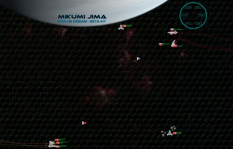 The two sides make their approach at 30 KPS, the Russians slowing and descending close to the polar atmosphere of Mikumi Jima.  It’s a classic tactic, seizing the “gravity gauge” … using the planets gravity to make a fast initial approach, then as auxiliary brakes as they turn away from the moon to face the enemy. Perhaps most dangerous of all, it forces the enemy to turn TOWARDS the planet in order to engage them, a maneuver relished by few experienced starship commanders.  The Japanese do not take the bait, however, maintain course and speed (and distance) from the Russians, hoping to make the most of the far-superior accuracy and longer-ranged hitting power.