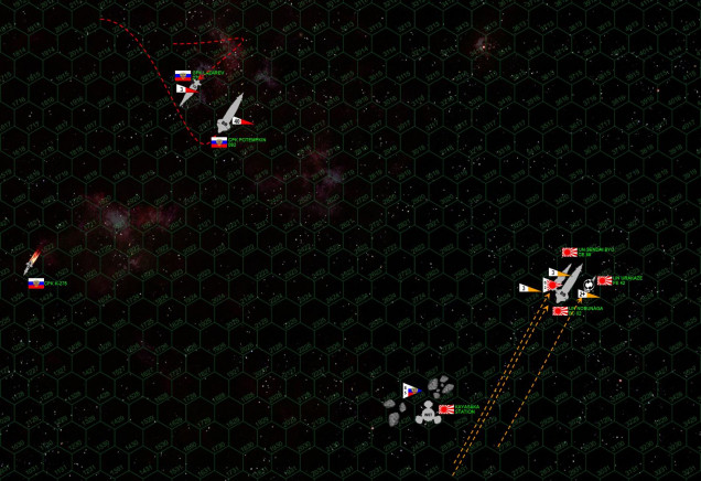 The Japanese task force powers out from behind the Kayasaka orbital mining installation, presenting a perfectly unified and aligned broadside against the Russian ships.  The Lazarev and Potemkin crisscross against each other in a far less elegant maneuver, driven by the need to run close abeam for mutual mass driver support against the next wave of Toryu torpedoes, and also Myshaga’s maneuvering to keep his vulnerable port quarter out of Nobunaga’s broadside.  The ploy doesn’t work but it’s a moot point, all Japanese ships have already opened fire on the Potemkin’s starboard bow. In a fateful twist, Potemkin’s sensor suite takes a hit JUST as her huge gun batteries are finally getting to some kind of decent engagement range.  The massive Russian torpedo strike finally engages, but Japanese mass drivers and poor Russian targeting electronics means (and bad dice) mean NONE of the 45 warheads meet their mark.