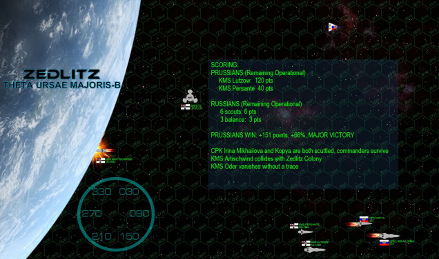 Clearly, this battle is a DECISIVE win for the Prussians, the first they’ve enjoyed in nearly four years.  Since these are all “new” fleets without “Commander’s Luck” upgrades, the Warship Recovery Table is a little ruthless when it comes to the fate of ships crippled and set adrift.  The frigate Arktischwind doesn’t even MAKE IT to the Warship Recovery Table, her 23,000 ton bulk crashes headlong into the planet at 30 kps (roughly Mach 150), melting into slag and exploding in the Zedlitz atmosphere. Fortunately, her surviving crew had long escaped by then.  The fate of the destroyer KMS Oder is perhaps even worse, simply vanishing into the abyss of space.  Commander Sigmund Haas, having survived the plasma strikes on his bridge and leaves the derelict ship with his surviving crew, but when they return with tugs … the destroyer just isn’t at the predicted vector and coordinates.  Simply put, the “ghost ship” is never seen again.  Meanwhile, both the Irina Mikhailovna and the Kopya will be abandoned and scuttled.  The Mikhailovna is forced to blow herself up when approached by a Prussian Valkyrie-class assault cruiser loaded with Prussian “stosstruppen,” while the Kopya must put herself out of her misery when approached by a wolfpack of Prussian “umfangangriffboote” (perimeter attack boats), or “U-boat” torpedo corvettes.        