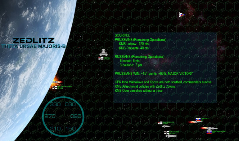 Clearly, this battle is a DECISIVE win for the Prussians, the first they’ve enjoyed in nearly four years.  Since these are all “new” fleets without “Commander’s Luck” upgrades, the Warship Recovery Table is a little ruthless when it comes to the fate of ships crippled and set adrift.  The frigate Arktischwind doesn’t even MAKE IT to the Warship Recovery Table, her 23,000 ton bulk crashes headlong into the planet at 30 kps (roughly Mach 150), melting into slag and exploding in the Zedlitz atmosphere. Fortunately, her surviving crew had long escaped by then.  The fate of the destroyer KMS Oder is perhaps even worse, simply vanishing into the abyss of space.  Commander Sigmund Haas, having survived the plasma strikes on his bridge and leaves the derelict ship with his surviving crew, but when they return with tugs … the destroyer just isn’t at the predicted vector and coordinates.  Simply put, the “ghost ship” is never seen again.  Meanwhile, both the Irina Mikhailovna and the Kopya will be abandoned and scuttled.  The Mikhailovna is forced to blow herself up when approached by a Prussian Valkyrie-class assault cruiser loaded with Prussian “stosstruppen,” while the Kopya must put herself out of her misery when approached by a wolfpack of Prussian “umfangangriffboote” (perimeter attack boats), or “U-boat” torpedo corvettes.        