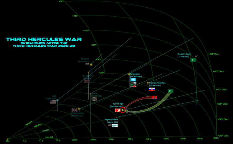 The game is set in our old stomping grounds, the “Hercules Rim.”  Here, we see Khaizan’s Haven (14 Hercules), a former star system of the Khitan-Tunguska Free State (Black Dragons) – won by the Arab League in the recent Third Hercules War.  The Black Dragons have never really given up on this system, with picket ships and torpedo corvettes always lurking around the system’s outer debris belts and cometary halo.  Yet when the Arab League launches a raid against the Japanese in the nearby Kyokko Bijin colonies (Zeta Hercules system) and find themselves hopelessly outmatched by the unexpected presence of a Japanese battlecruiser, Black Dragon warships emerge to … HELP the Arab League?  Perhaps the Black Dragons hope to cut some kind of concession or deal with the Arab League, or perhaps they plan on stabbing the League in the back?  At the moment it doesn’t matter, the Arab League needs the help.  