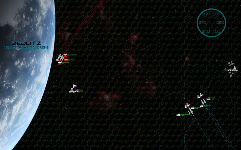 The two battlegroups make their approach.  The Russians come on rather fast, clocking in at 42 kilometers per second, their course slewed slightly to starboard by Zedlitz’s gravity.  Their retros are naturally on full, decelerating as they vector so close to Zedlitz that their hulls are just starting to glow red from the planet’s atmosphere.  The Russian plan is plain, seize the “gravity gauge” and force the Prussians to turn dangerously toward the planet to engage them.   Meanwhile, Yavasa brings on his Prussians, starting out a little dispersed (certain ships of his lost initiative) but quickly consolidating.  Also note that while he’s angled generally toward the planet, he won’t HIT the planet if any of his ships are disabled this early.  Not that such extensive damage is likely at this point.  Most weapons remain out of range, only the main armament of the two heavy cruisers can reach any targets.  The Lutzow and Irina Mikhailovna open fire at 4850 kilometers, the distance between Warsaw and Karachi, Pakistan … resulting in only the lightest of hits so far.    