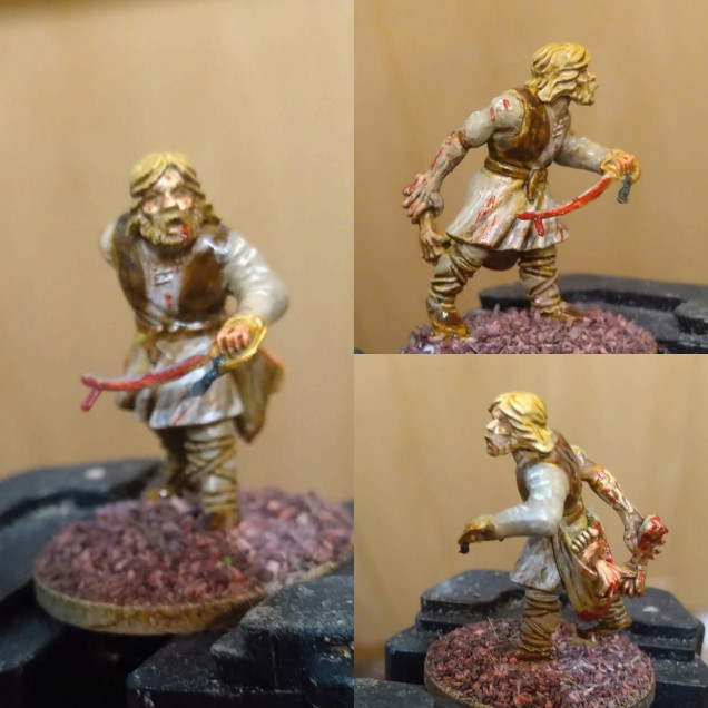 WiP paint attempt. Not sure how to make him more ghoulish without looking undead and or mutated. The sword certainly drags him out of the Dark Age and the bag of body parts help.