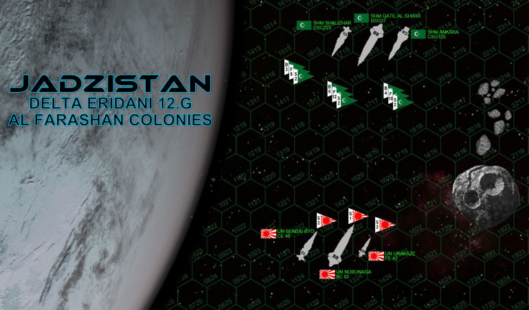 Here is the matchup for today’s game.  Once more we have Rasmus’ task force built around his Sengoku-class battlecruiser IJN Nobunaga, escorted by the light cruiser Sendai Byo and the strike frigate Urakaze.  The al Farashan caliphate indeed has a battleship defending her, the Qatil al-Shirir (Slayer of the Wicked), escorted by the hybrid heavy cruiser Ankara and the hybrid light cruiser Shalizar.  Note these League cruisers carry lighter guns than is typical for their class, but instead carry a small aerospace strike group.  Now, with three such strike groups together, we might see a sizable force of League fighters, bombers, and scouts.  