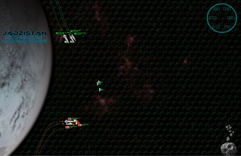 The engagement begins with both forces quickly detecting and vectoring toward each other, meeting over the planet’s dusk terminator.  The Arabs would love to pivot to present a broadside, but they approach is still too fast and the Qatil’s maneuverability is no match for the Nobunaga.  The Japanese easily make the pivot, presenting a port broadside and opening fire at 2700 kilometers.  The heavy cruiser Ankara takes the worst of it, while limited League return fire (only forward guns can come to bear) hit the little Urakaze. 