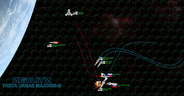 Finally slowing to a manageable maneuver speed, the Irina Mikhailovna cuts to port and sets up a broadside on the Prussians.  But again Lutzow has outguessed the Russians, cutting to a fast portside turn herself and setting up a point-blank broadside right across Mikhailovna’s stern.  The destroyer Kopya responds, slicing behind the Lutzow in turn, while the two Prussian destroyers S-turn to set up 350-kilometer broadsides on both remaining Russian ships.  The Oder opens fire on the Kopya, smashing open her port quarter, just before catching a devastating broadside from the doomed Mikhailovna (there’s no way my aft batteries alone can cripple the Lutzow).  The tough little Prussian destroyer reels but stays in the fight for now, at least until she takes a broadside from the Kopya as well … just before the Kopya is crippled in turn by the Persante (a single hit in Kopya’s portside reactor room is enough to knock her out with a lucky “6” on the power-down check at the end of the turn).  But the real killing blow comes when Lutzow opens fire at 180 kilometers with every gun she has into the stern of the Mikhailovna.  Russian ships are nothing if not tough, and it takes every gun Lutzow has, but finally the big Russian cruiser is crippled, decisively ending the battle.  