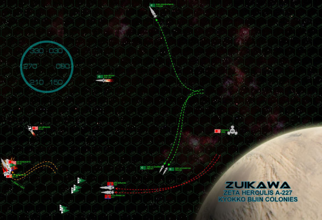 At last, the moment comes.  Black Dragon torpedoes have flown nearly 8000 kilometers … the distance from London to Las Vegas, but they finally catch up to the Japanese task force despite their “hit and fade” tactics.  The Arab League “Mylekinir” (Fire Angel) and “Demkikham” (Vengeance) bombers are also finally in range, unleashing a swarm of torpedoes and missiles at the Japanese as well.  The combined strike is well-coordinated, the Japanese are hit with a combined 99 warheads of various types (Tsing Tao Class IIs, Khurdan Jad Class IIIs, aerospace torpedoes, aerospace missiles).  Japanese mass drivers reap a grim harvest, easily half these warheads are shot down in their final approach.  Even their scouts shoot down a handful.  The rest must then punch through the enhanced aft shields of the Sendai Byo, but the enhanced electronic warfare suites of the Xunjiàn and the Zhang Jia help suppress the Japanese ECM defenses.  The Sendai Byo is hammered hard, one of the Arab League scouts even hits her starboard reactor with its small weapons.  Internal explosions ripple through the Japanese light cruiser, the blasts kicking her on her side and sending her cartwheeling through space, her hull slinging off curtains of glowing molten metal.  Two Tsing Taos even hit the battlecruiser Nobunaga, to little effect.  