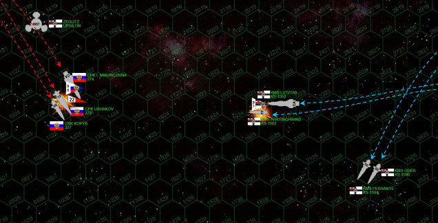 Both sides open fire.  A veritable swarm of Russian torpedoes (P-500 “Plamya” Class IIIs) are first, one of them shot down by Lutzow’s scouts, the rest engaged by the aerospace defense frigate Arktishwind.  The result is startling, virtually all the Russian torpedoes are swept from the sky by the specialized frigate, the Lutzow easily cleaning up the rest.  Sadly, it's the last thing the Arktischwind does, struck an instant later by the forward guns of the Irina Mikhailovna.  The heavy rail guns and plasma projectors of smash and burn their way clear through the forward hangar, cargo bays, shields, forward mass drivers, torpedo bays, detonating the magazine, and finally imploding the bridge.  Lt. Commander Helga Kunkel will survive the attack, but her ship will not, still streaking at 30 kps directly for the Zedlitz atmosphere. The Lutzow opens fire a moment later, her forward 11-gigawatt rail guns and 6-gigawatt secondaries positively smashing into the port bow of the Admiral Ushakov.  It’s pinpoint Prussian gunnery at its best, but only landing a stunning series of hits, but also in JUST the right place on the Ushakov.  In moments, the bridge is struck twice, badly wounding Commander Natalya M. Khorzhako and leaving Ushakov crippled and adrift.  It’s just not a great day for the ladies here at Theta Usrae Majoris.      