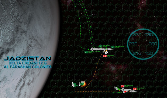 The League task force makes a turn to port (finally) but even now the ponderous Qatil cannot turn and decelerate at the same time.  The Japanese could make a decelerated s-turn here and cut behind her fantail, but instead they opt for a medium range broadside.  The problem here is that because of their residual approach speed, they’re presenting port quarters (and thus engines and reactors) while the League presents their starboard quarter.  Meanwhile, the Urakaze makes a mad run straight at the Ankara.  It’s a bold move, and the Ankara is indeed cruelly hammered by all Japanese ships, but for now the reeling heavy cruiser remains (minus torpedo bays and one of her forward EPC turrets, of course).  The good news is that the League aerospace strike is largely neutralized, taking enough damage that their 