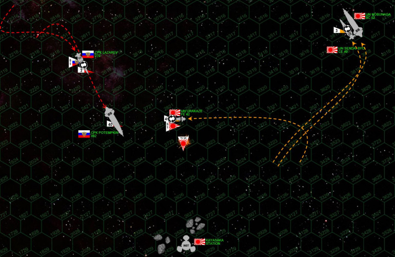 At last, the Russian “gravity gauge” tactics pay off when the Japanese FINALLY turn toward them.  Yet Nobunaga and Sendai Byo also backstep as they do so, keeping the engagement ranges long and open even as they are forced to finally turn toward the Mikumi Jima moon.  The frustrated Russians manage to get their formation back together in a classic line-ahead, their broadside hammering the starboard bow of the Sendai Byo again.  The only outlier is the Urakaze, turning directly TOWARD the looming Potemkin, the 27,000 ton frigate charging headlong toward an opponent almost fourteen times her size.  But this is an Akashi class strike frigate, ALL guns are mounted forward, and she’s aiming straight for the badly-damaged armor plating melting off Potemkin’s port bow.  A second Russian torpedo wave does slightly better this time, still nowhere near enough to cripple the Sendai Byo.  The Lazarev’s three warheads are also sent at the Urkaze, and as the Japanese scouts again try to engage, two more are shot down by Potemkin’s mass drivers.     