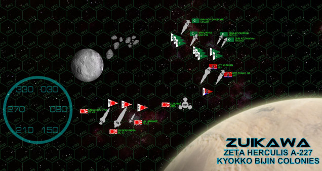 Here are the forces in today’s game.  The Japanese are under the command of Seizo Yamamoto aboard his Songuko-class battlecruiser IJN Nobunaga – enormous, fast, high-tech … packing the firepower of a small battleship and speed rivaling some cruisers.  The flagship is escorted by the sleek, fast, beautiful Taihō-class light cruiser Sendai Byo and the scrappy little strike frigate IJN Urakaze.  The Arab League’s flag flies from the Almanzor-class hybrid cruiser SHM adh-Dhiʼbayn, along with the light carrier ar-Raī and the Hattin-class frigates az-Zawraq and az-Zāwiyah.  The Black Dragons, meanwhile, come in with the heavily-upgraded Shanxi-class heavy cruiser KTS Xunjiàn (Swift Sword) and Greater Xhia-class light missile cruiser Zhang Jia.  The Zhang Jia in particular is an old veteran of mine, having racked up an impressive tally of Russian, American, Japanese, British kills in the Black Dragon War, XI Scorpio War, Scorpion’s Tail War, and Duchess Annabel’s War.  