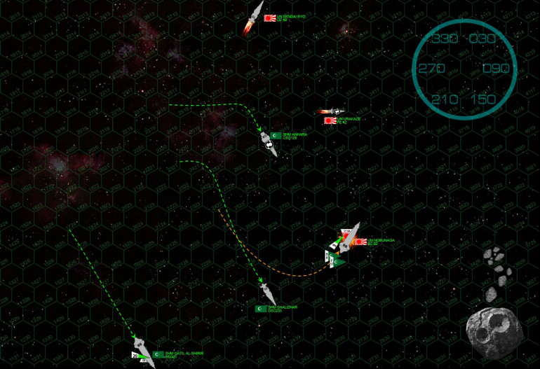 As the Sendai Byo and Urakaze spin off into space, the vengeful Nobunaga makes a turn to port, presents a broadside, and blows the front HALF of the Ankara practically off the keel.  The bridge is horribly damaged, the magazine goes up, all forward weapons are lost, shields are down, three sensor suites are lost, maneuvering thrusters are hit, hangars are gone and casualties are … in a word … horrific. The captain never even asks permission, Ankara hits full flank speed and makes best speed out of the battle area. Meanwhile, the Qatil has FINALLY managed to get her speed under control where she can actually start to make normal maneuver turns (she’s about to careen off the map), her broadside is right across the Nobunaga’s stern but distance, inferior sensors, and upgraded Japanese shielding dampen the effect of her guns.  Her bomber bays, however, are busily turning around another strike of “Demkikham” (Vengeance) bombers.  The Shalizar’s broadside is perhaps more effect, having cut closer to the Japanese battlecruiser but taking a hammering from her aft batteries for her trouble. Another torpedo strike has now hit the Nobunaga, meanwhile, only steadily chipping away at the battlecruiser’s massive stern, engineering spaces, and powerful shielding.