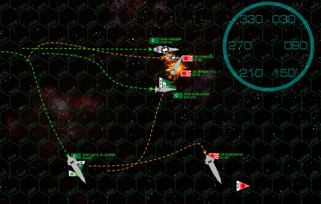 The tide turns.  As the Qatil finally manages to slow down and recover the task force’s bombers (they are JUST close enough to do so in a single turn), the Japanese fleet divides.  Sendai and Urakaze streak up to again hit the Ankara’s bow (but the heavy cruiser has rolled on her back to protect her starboard bow), but the Ankara and Shalizar have crossed the stern of the Nobunaga.  In fact, the Urakaze and Sendai Byo are cut off, caught between the two League cruisers.  It’s a brutal exchange of point-blank gunnery, the two battleships all but forgotten as the cruisers eat each other alive.  Even the League fighters make a desperate strafing run, only for ten more of them to be shot out of the sky by Nobunaga’s longed-ranged mass driver support.  The Sendai Byo is crippled, the League actually lifting fire so she does not explode.  This isn’t just “chivalry of the stars,” note how many League fighters, scouts, and warships would be in the blast wave of such a titanic detonation.  The Urakaze also goes down, despite having her bridge AND forward magazines knocked out and then brought back online by her valiant crew.  The one ray of hope for the Japanese (besides that slaughtered squadron of fighters) is the heavy cruiser Ankara, AGAIN hammered by a blistering salvo … but somehow, she remains operational. 