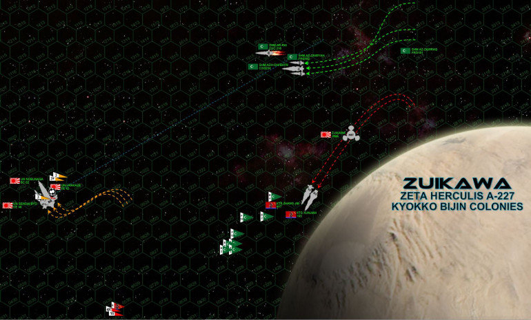 The Japanese keep tacking back to port, keeping the engagement range open, content to pick apart the Arab League battlegroup at range while keeping their distance from the heavy (but much less accurate) guns of the Black Dragon cruisers.  Yamamoto switches his guns to the League’s flagship adh-Dhiʼbayn, smashing open her bow, knocking out maneuvering thrusters, hitting the magazine, and tearing one turret of 9-teravolt EPCs clean out of its housing.  The League commander keeps her in the fight for now, returning fire as best he can with his forward guns.  But the Japanese keep opening the range, their upgraded shielding is too powerful, the League guns just aren’t making a serious dent in the IJN Sendai.  Clearly, the League battlegroup is a CARRIER force, the impending aerospace strike will make or break their participation in this battle.  The Black Dragon guns, however, ARE making an impact at last, a second withering broadside smashing into the Urakaze from 2500 kilometers.  The valiant crew manages to keep the central reactors and aft shields up … but it’s not enough to keep the ship operational.  Power fails and Urakaze is set adrift out into interplanetary space.     