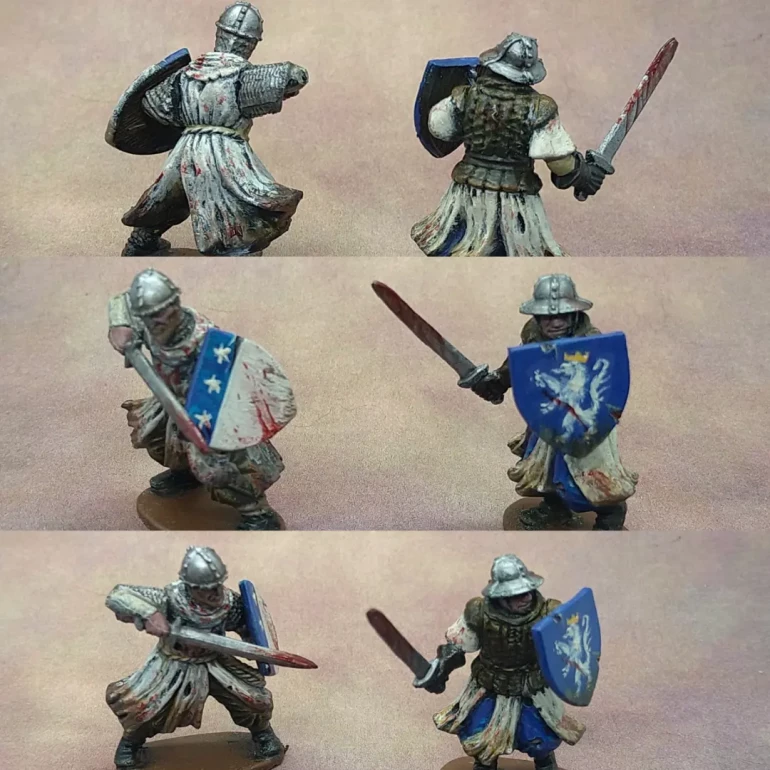 The sergeant on the right has the kettle hat helm, arms and shield from the Frostgrave Soldiers sprue and the body of a Frostgrave cultist.