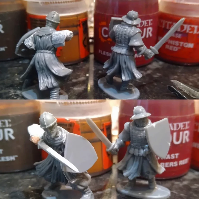 NorthStar Frostgrave Cultists bodies have some great multi layer clothing that look like medieval surplus/ tabards. The poor knight on the left has a Wargames Factory / Warlord Games head and the arms with mail are from a Viking Gripping Beast sprue. The shield is from a NorthStar Soldiers 2 sprue.
