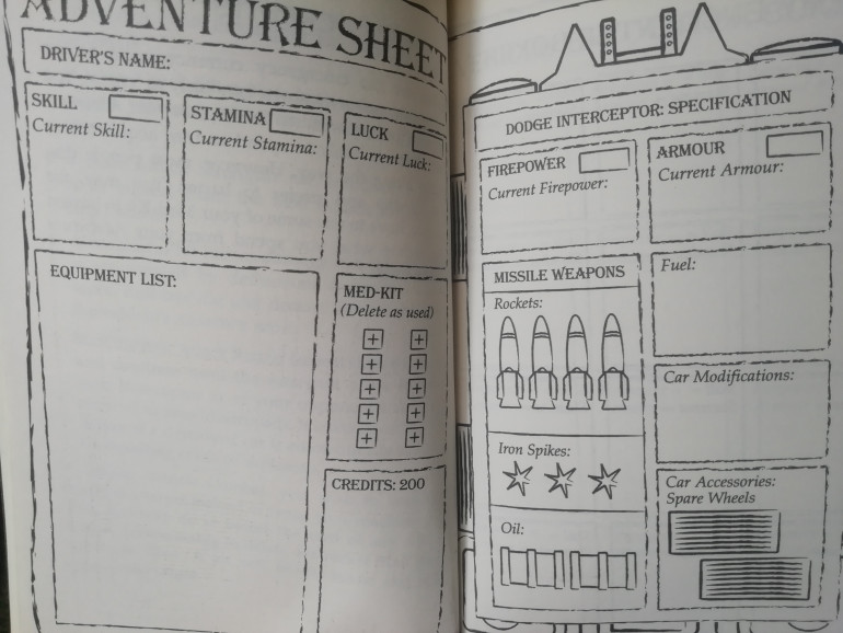 Our adventure sheet has added vehicle stats although the annoying thing in the book is running out of fuel which just ends the mission 