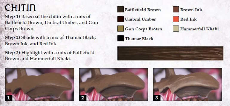 This is Privateer press's Chitin guide.  This is what I used to paint my Z'zor last time, and what I'm using to get the last 3 up to standard