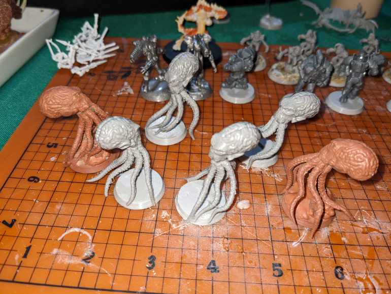 I'm pretty sure it's allergies kicking my butt a bit, but I did manage to finish gluing the Tanglers this morning, and getting their bases magnetized. Next, CA glue and baking soda to simulate sand on the bases. Pretty much caught up on assembly...until Friday, according to my mail tracker...