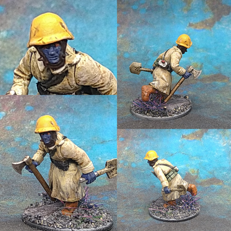 The axe is from a Gripping Beast vikings sprue. Needed to make him look more miner than military so he has an air quality detector on his hip and a yellow hard hat.