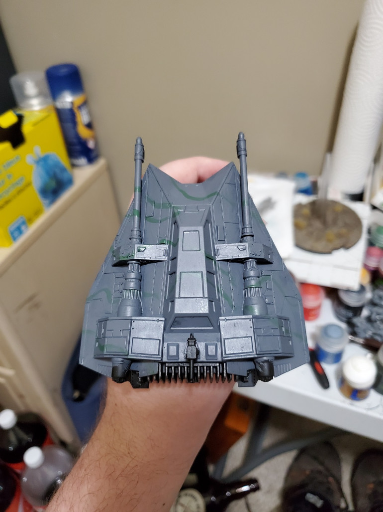 Then I took some Waaargh! Flesh (GW) and thinned it down a tad bit more than normal to block out a rough shape of the green pattern. I decided to have a general trend of diagonal wobble across the fuselage, which works quite well, I think.