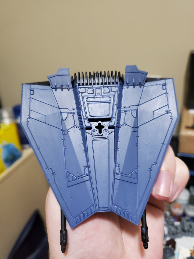 Started with a basecoat of The Fang (GW) and I think this really was too dark of a base colour for the 'accurate' colour on the belly of a Spitfire, and Russ Grey may have been a better start point for that.