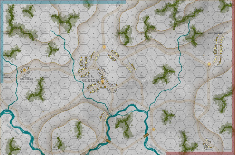 The map, based on 150m hexes.  TF McGeorge enters from blue hexes to the northweast.  TF Lovelady enters from the red hexes to the southeast,