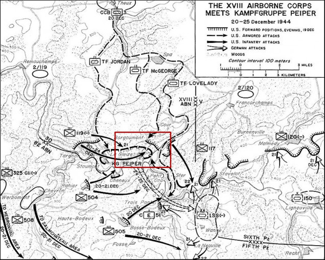 Here we see the three task forces of CCB (Combat Command B) / 3rd US Armored involved in the counterattacks against KG Peiper's stalled positions at Stoumont and especially La Greize.