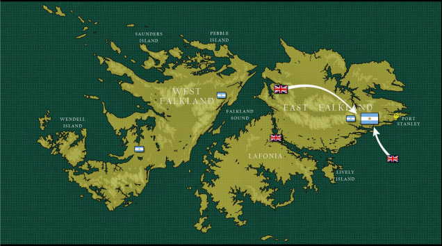 An overall map of the Falklands,showing the initial British landings at San Carlos Bay and the Sussex Hills.  First came the famous / infamous engagement at Goose Green in the south, after which 3rd Commando Brigade had to cross East Falkland Island on foot (their helos had been destroyed with the sinking of SS Atlantic Conveyor).