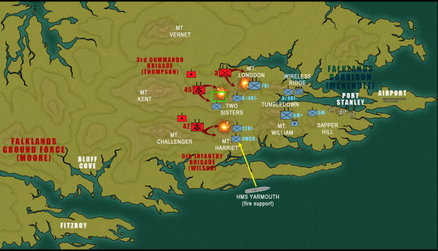 The first round of engagements fought by 3rd CDO Bge for the hills overlooking Stanley, while 5th Infantry Brigade lands in the south (Scots Guards, Welsh Guards, and 1/7th Gurkhas).  The GENERAL area of today's battle is in the green rectangle.