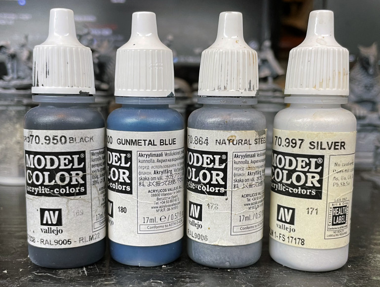 The Paints I use from Vallejo Model Colour range, Black, Gunmetal Blue, Natural Steel and Silver