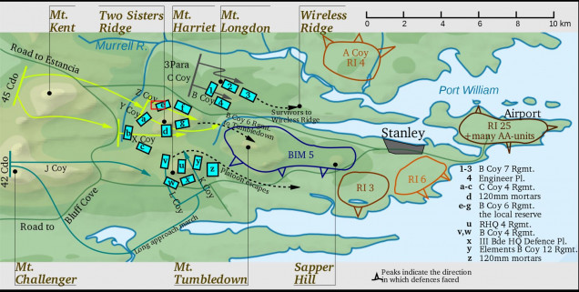 More detailed zoom-in of the battle area.  The red rectangle shows the exact, scaled dimensions of our game table.  I particularly like this map as it details not only British units and dispositions, but Argentinian as well.  Objectivity is a big problem with most sources when it comes to the Falklands War.