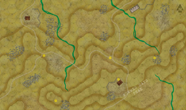 The map for today's game.  It's four standard VV boards, 12 x 24 hexes, or about 360 by 720 yards. At 15mm this map would be about 22 feet across.