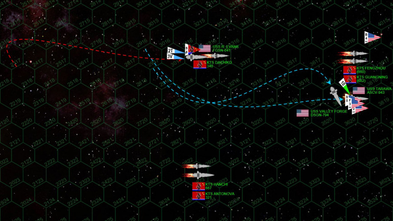 The last Black Dragon destroyer, Dachiko, throws her rudder hard over, making a hair-pin acceleration turn to starboard.  Her skipper knows the Americans want to open the range of the engagement and is determined not to allow it, especially given the massive damage suffered to the Tarawa.  The Tarawa and Valley Forge likewise accelerate, turning to port, not breaking off the battle but definitely trying to keep the range open and not offer the Dachiko any broadsides. The very last American torpedoes go for the Dachiko.  All but one are shot down by the Dachiko or the remaining Black Dragon scouts, the last one is absorbed by the destroyer's shields.  More problematic are the ten P-500 warheads streaking toward the Tarawa, particularly her burning and unshielded port quarter.  The Valley Forge is right behind her, turning to starboard again to cover Tarawa as best she can, along with remaining Marine fighters and scouts.  Fortunately, the Valley Forge mass driver gunners have had their coffee this morning, and the last Black Dragon torpedo attack is soon broken up with the help of Tarawa and her surviving Corsair fighters and E/S-101 “Hawkeye” scouts. Dachiko opens fire with her forward guns at 1400 kilometers, hoping for just a few lucky hits on Tarawa's stern.  One hit is scored, but at this range the Tarawa's armor shrugs it off.