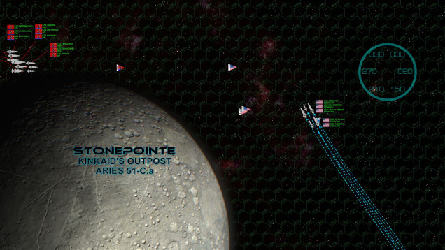 The Black Dragons make a very slow, very cautious approach, hiding behind the curvature of the Stonepointe moon and hoping to draw the Americans into a closer-range gun duel, not to mention into the range of the P-500 and Tsing Tao torpedo arrays.  The Americans oblige, staying just behind the curvature as well, using the extra time to launch and position the Tarawa’s FS/A-81 “Avenger” torpedo bombers.